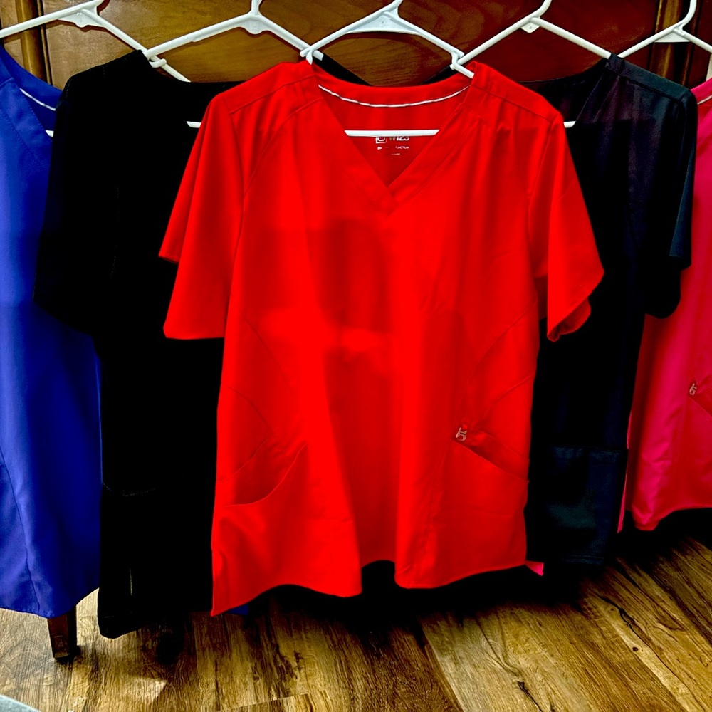 lLot of 5 womens scrub tops-Black, red, pink, purple, charcoal gray